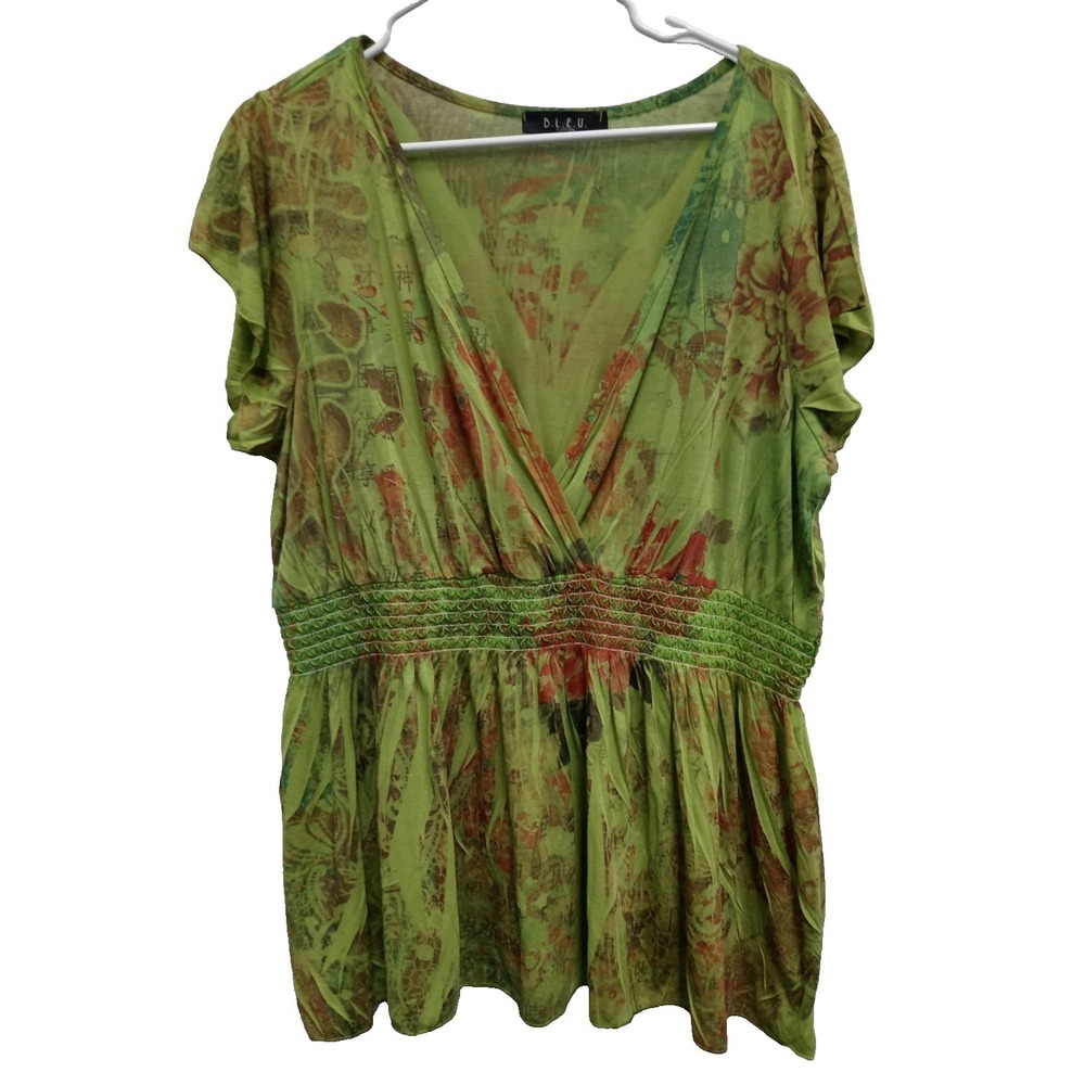 B.L.E.U Womens Tunic Top‎ Size 1X Green Wearable Art BOHO V-Neck Short Sleeve